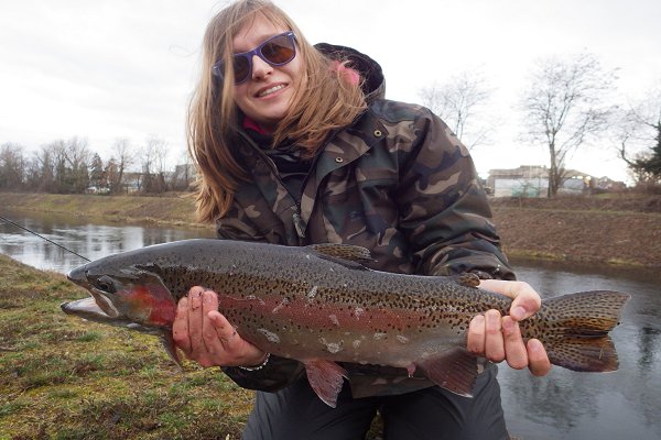 Sophie with a big rainbow trout of the floodway canal